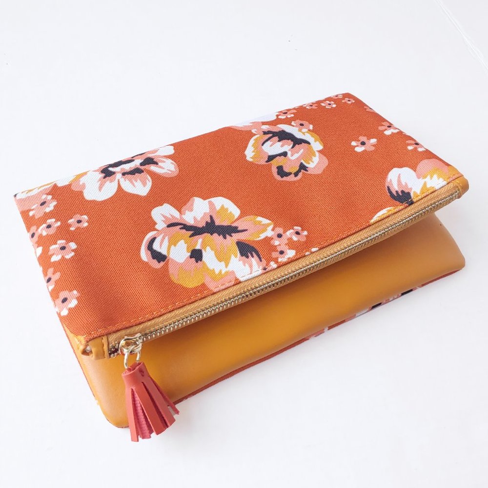 Rachel Pallet Orange Yellow Floral Reversible Fold Over Clutch.